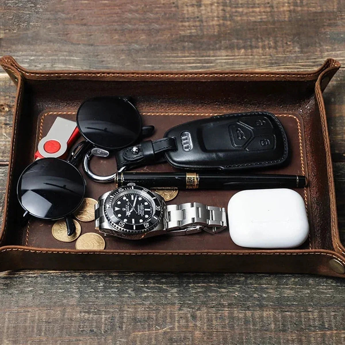 Foldable Leather Valet Tray - Catchall for Keys Watch & Wallet