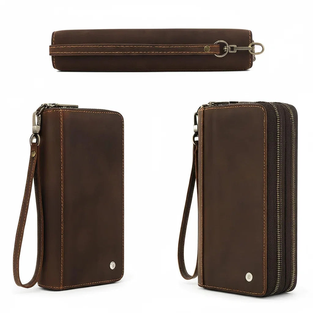Men’s Leather Wallet - Zip-Around Wristlet with Phone Pocket