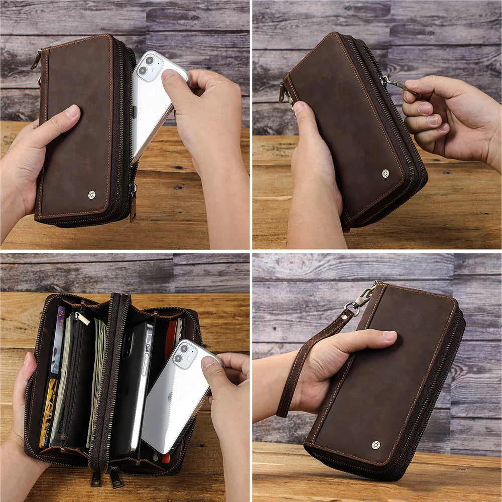 Men’s Leather Wallet - Zip-Around Wristlet with Phone Pocket