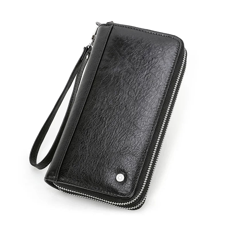 Men’s Leather Wallet - Zip-Around Wristlet with Phone Pocket - Black