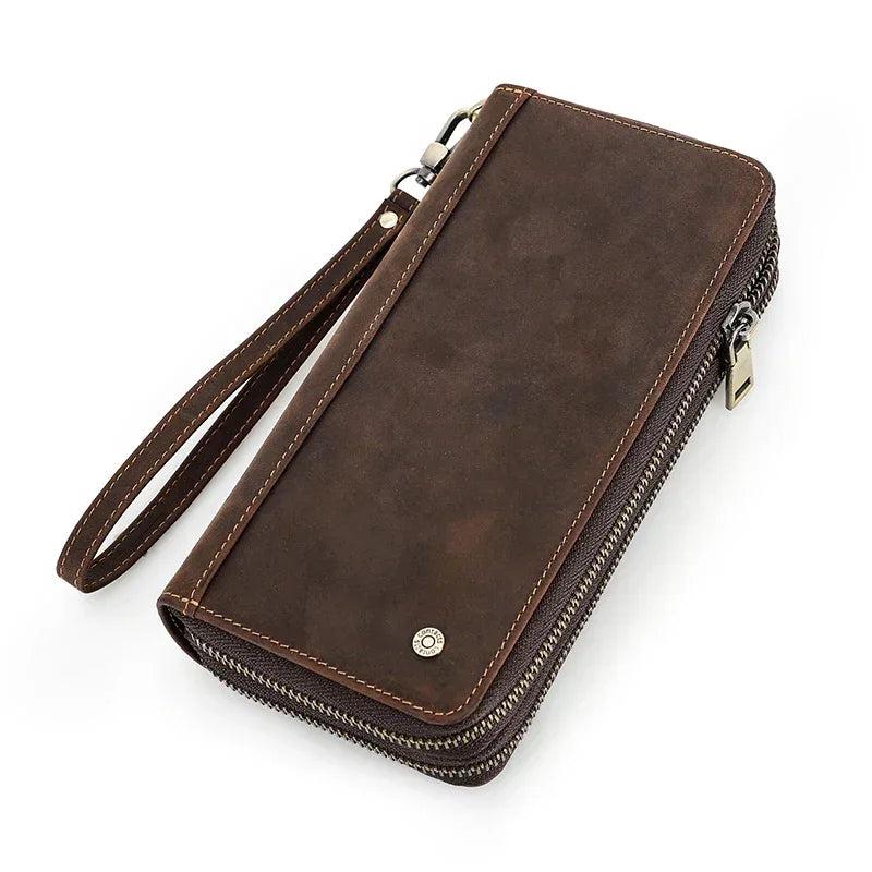 Men’s Leather Wallet - Zip-Around Wristlet with Phone Pocket - Brown