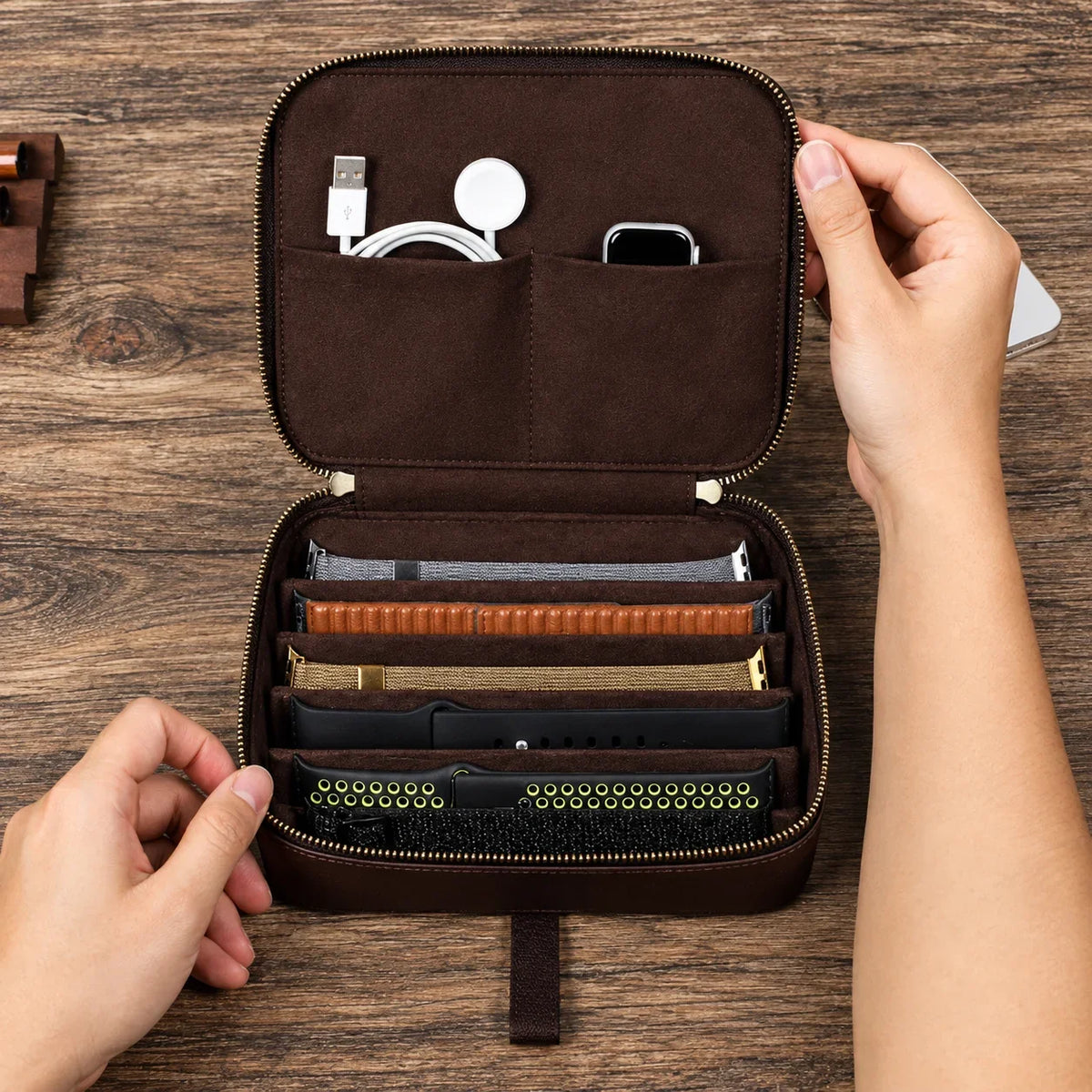 Men’s Leather Watch Case - 6-Slot Strap Organizer - Coffee