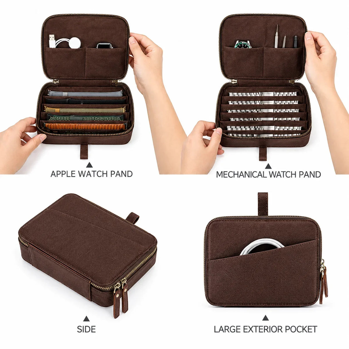 Men’s Leather Watch Case - 6-Slot Strap Organizer - Coffee