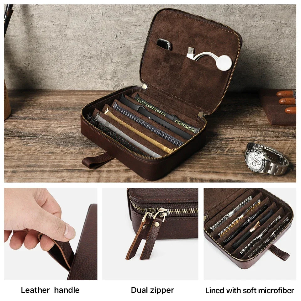 Men’s Leather Watch Case - 6-Slot Strap Organizer - Coffee