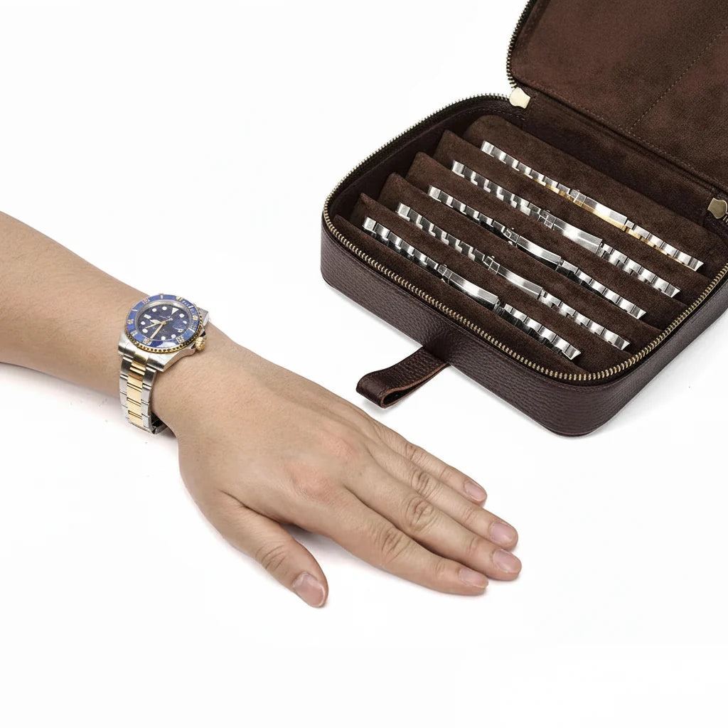 Men’s Leather Watch Case - 6-Slot Strap Organizer - Coffee