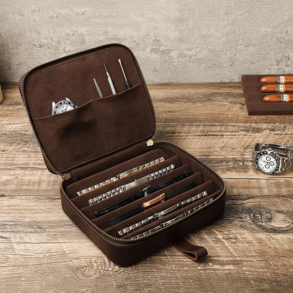 Men’s Leather Watch Case - 6-Slot Strap Organizer - Coffee