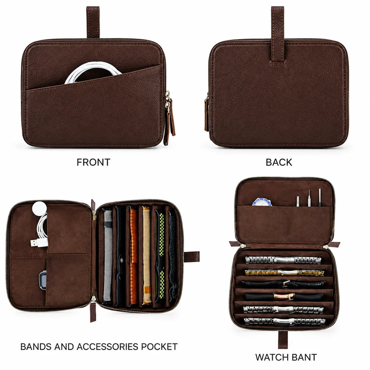 Men’s Leather Watch Case - 6-Slot Strap Organizer - Coffee