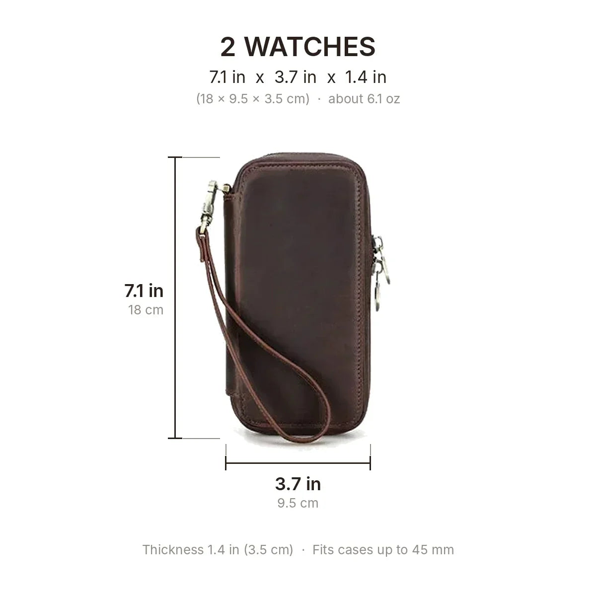 Zippered Crazy Horse Leather Watch Travel Case with Wrist Strap - 2 Watches