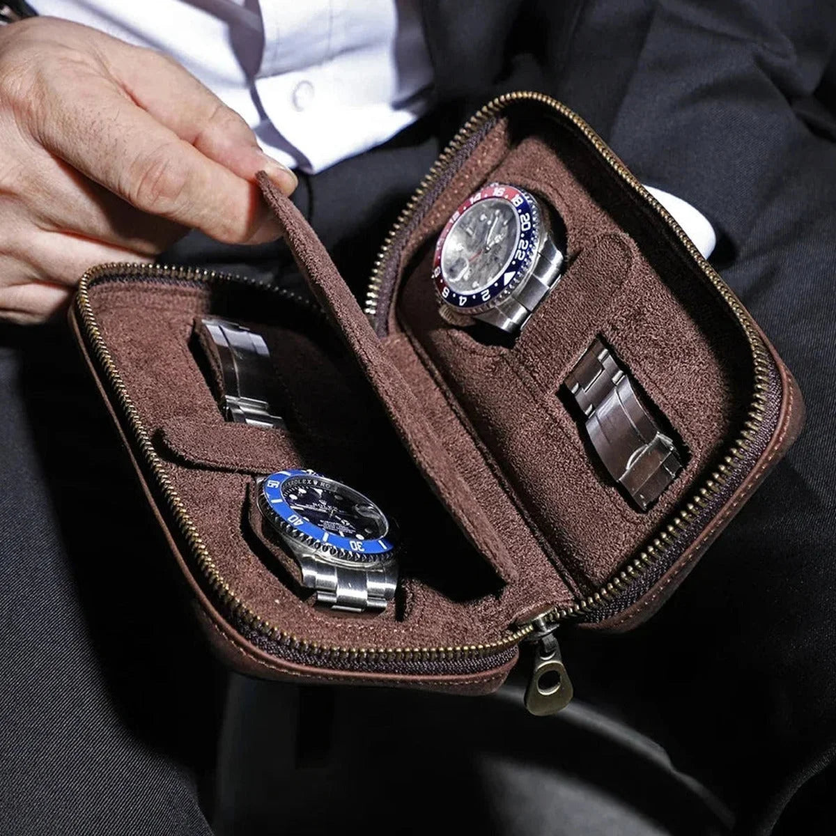 Zippered Crazy Horse Leather Watch Travel Case with Wrist Strap