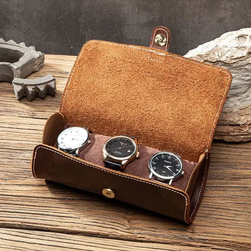 Men’s Leather Watch Roll - Travel Case for 2 or 3 Watches - 3 Watches