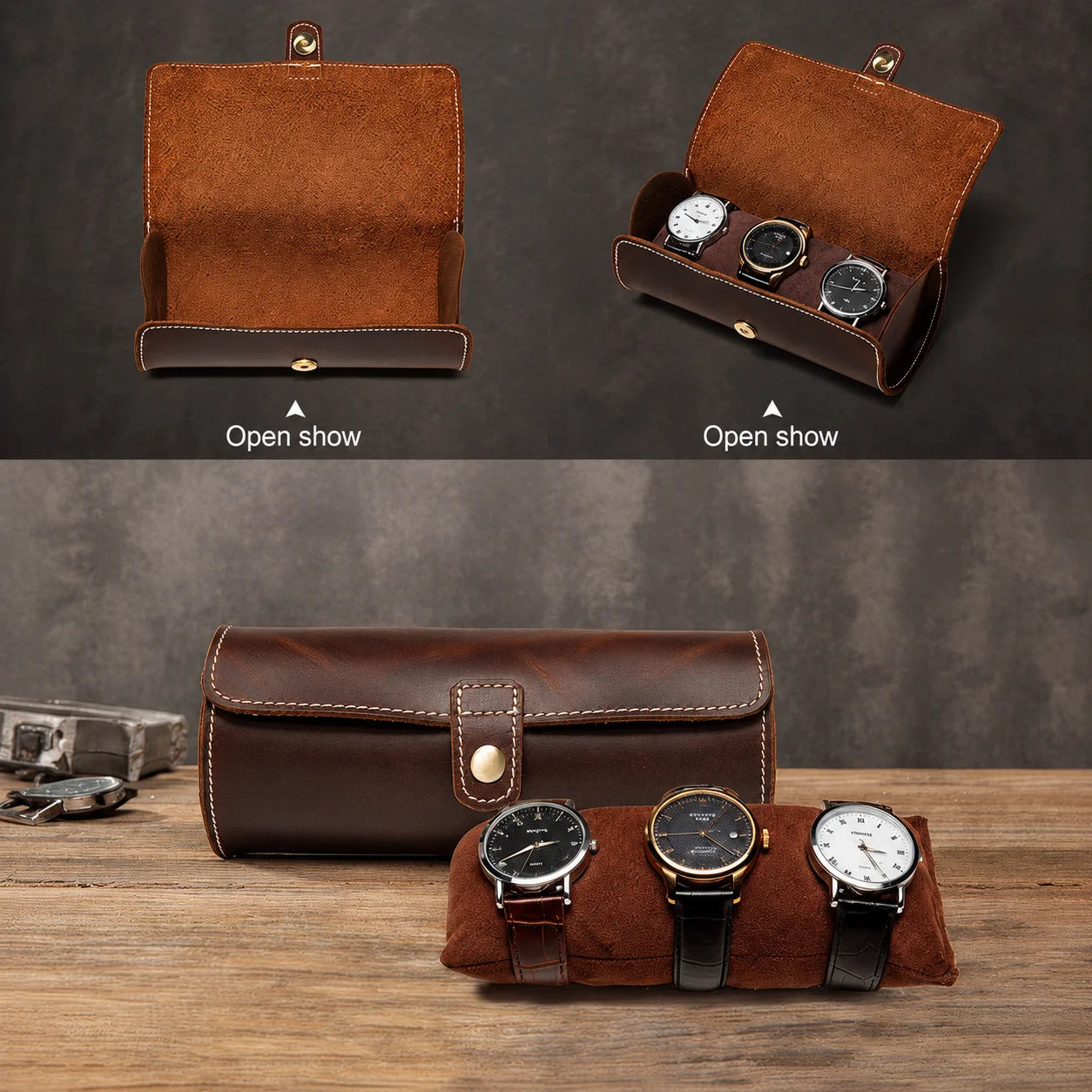 Men’s Leather Watch Roll - Travel Case for 2 or 3 Watches