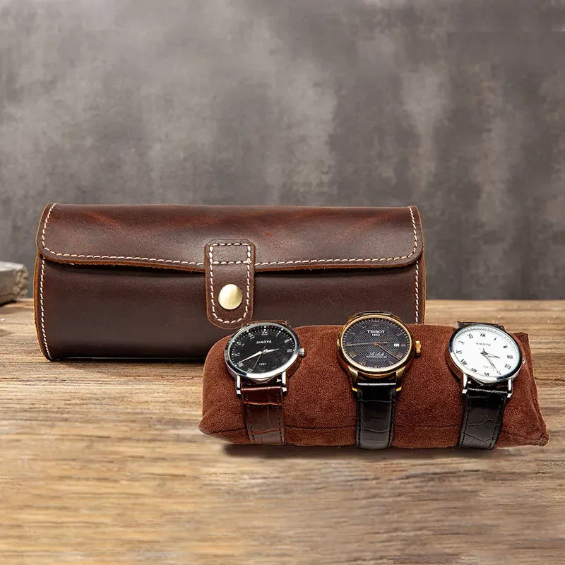 Men’s Leather Watch Roll - Travel Case for 2 or 3 Watches