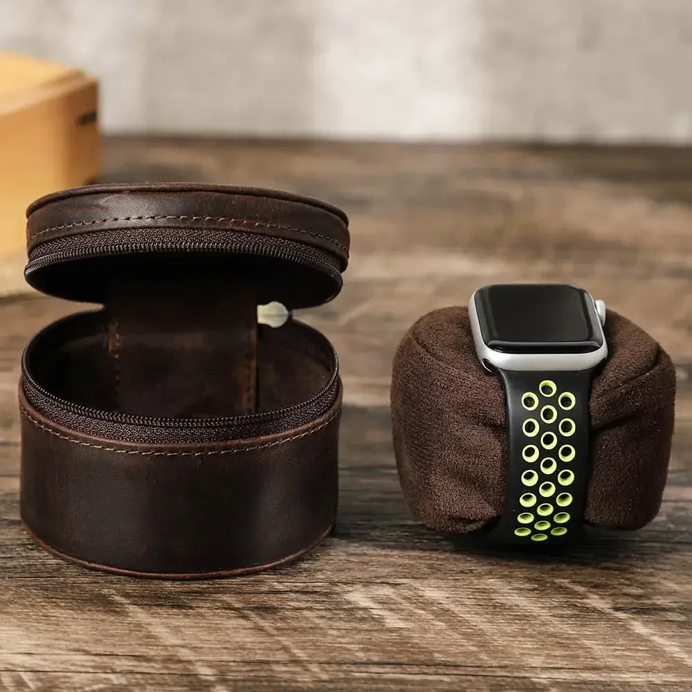 Men’s Leather Watch Travel Case - Round Single-Watch Box