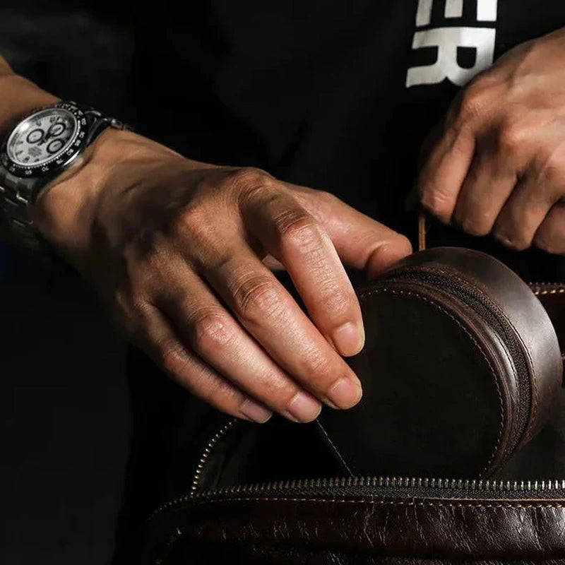 Men’s Leather Watch Travel Case - Round Single-Watch Box