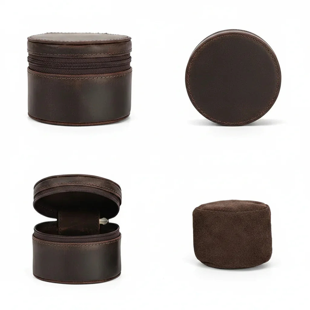 Men’s Leather Watch Travel Case - Round Single-Watch Box