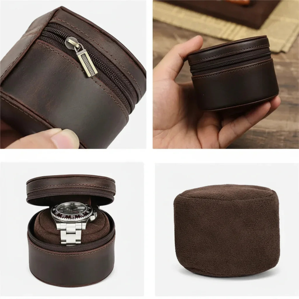 Men’s Leather Watch Travel Case - Round Single-Watch Box