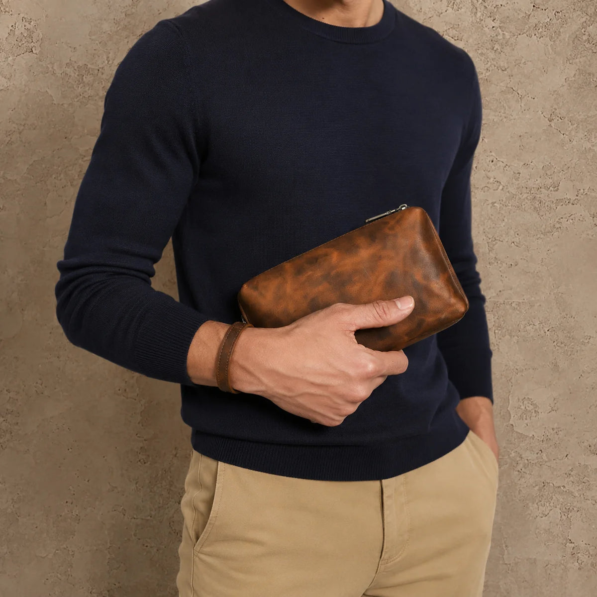 Men’s Leather Zip Wallet - Wrist Strap Organizer