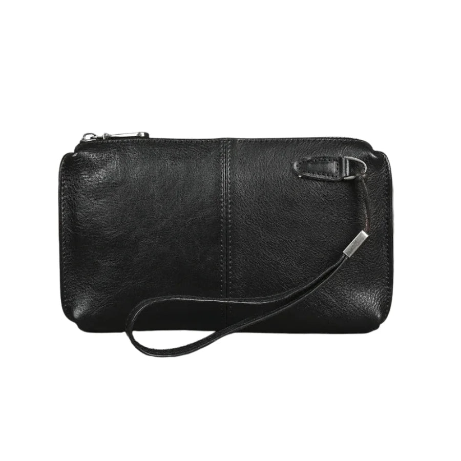 Men’s Leather Zip Wallet - Wrist Strap Organizer - Black