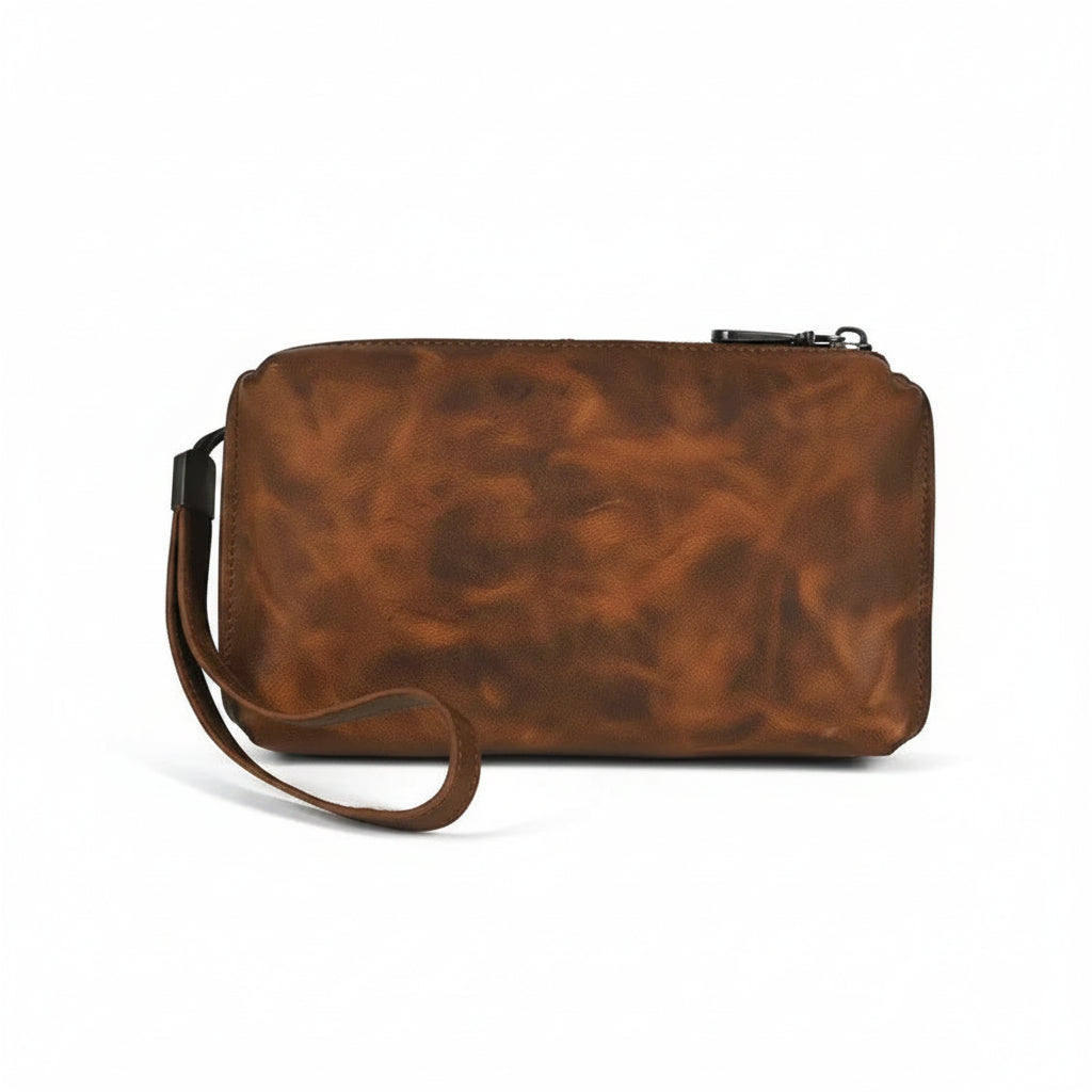 Men’s Leather Zip Wallet - Wrist Strap Organizer - Brown