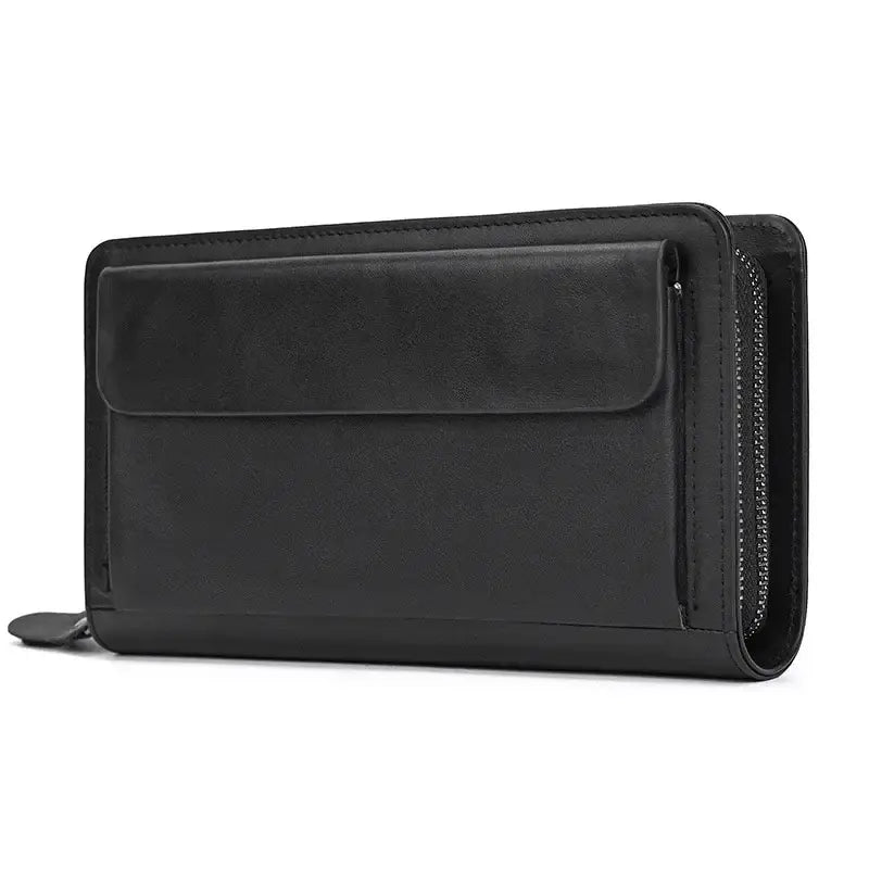 Men’s Leather Zip Wallet – Single or Double Zip Clutch - Double zip - Black