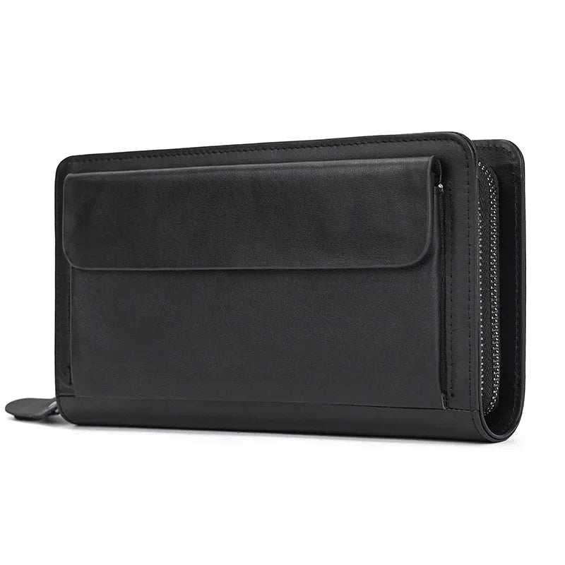 Men’s Leather Zip Wallet – Single or Double Zip Clutch - Double zip - Black