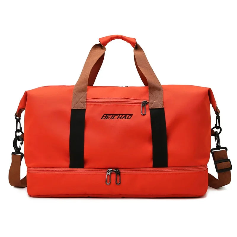 Men’s Nylon Duffle Bag - Trolley Strap Weekender with Shoe Pocket - Orange