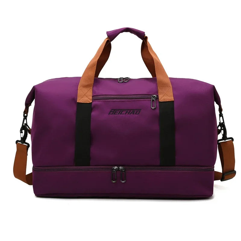 Men’s Nylon Duffle Bag - Trolley Strap Weekender with Shoe Pocket - Purple