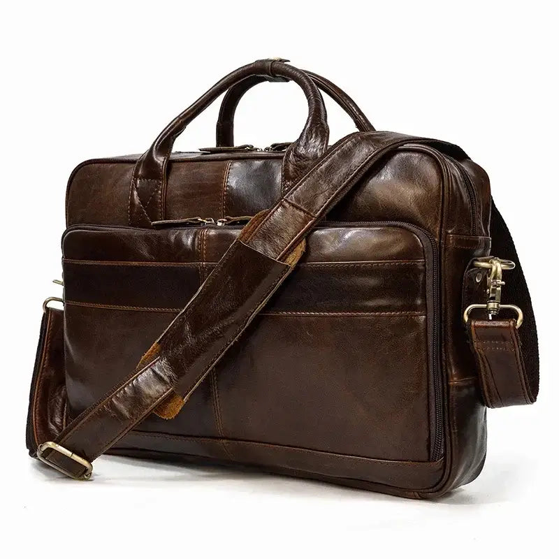 Men’s Polished Leather Briefcase – 15 Inch Professional Office Bag - Dark brown