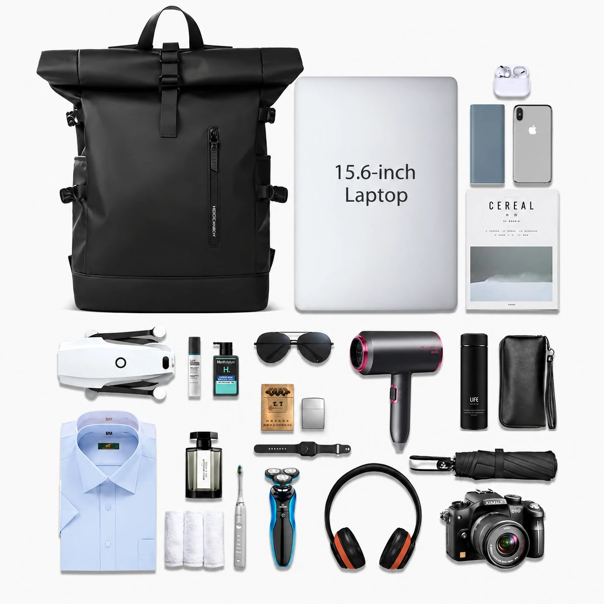 Men’s Roll Top Backpack – Waterproof Expandable Everyday Backpack