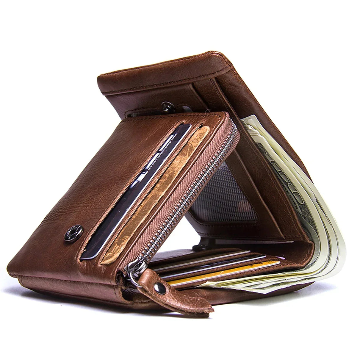 Men’s Trifold Wallet - Crazy Horse Leather with Zip Coin Pocket