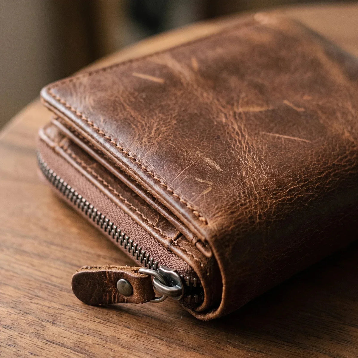 Men’s Trifold Wallet - Crazy Horse Leather with Zip Coin Pocket