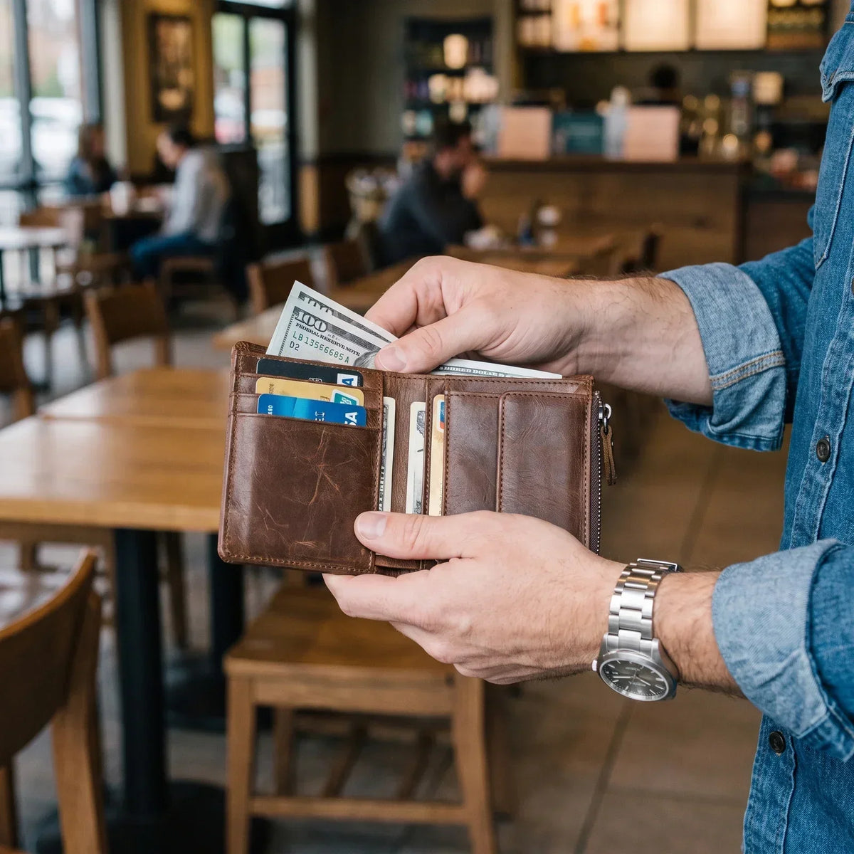Men’s Trifold Wallet - Crazy Horse Leather with Zip Coin Pocket