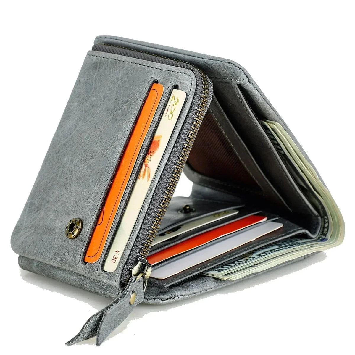 Men’s Trifold Wallet - Crazy Horse Leather with Zip Coin Pocket - Gray