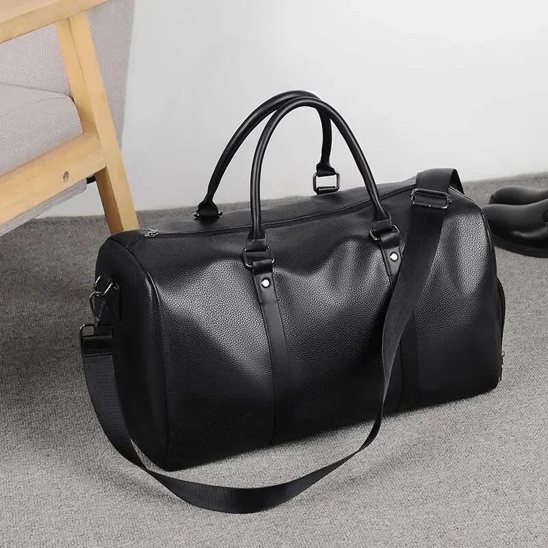 Men’s Vegan Leather Duffle Bag - Adjustable Strap Weekender