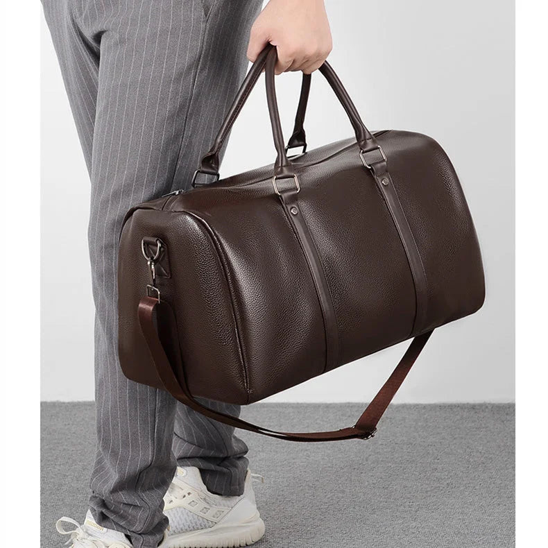 Men’s Vegan Leather Duffle Bag - Adjustable Strap Weekender