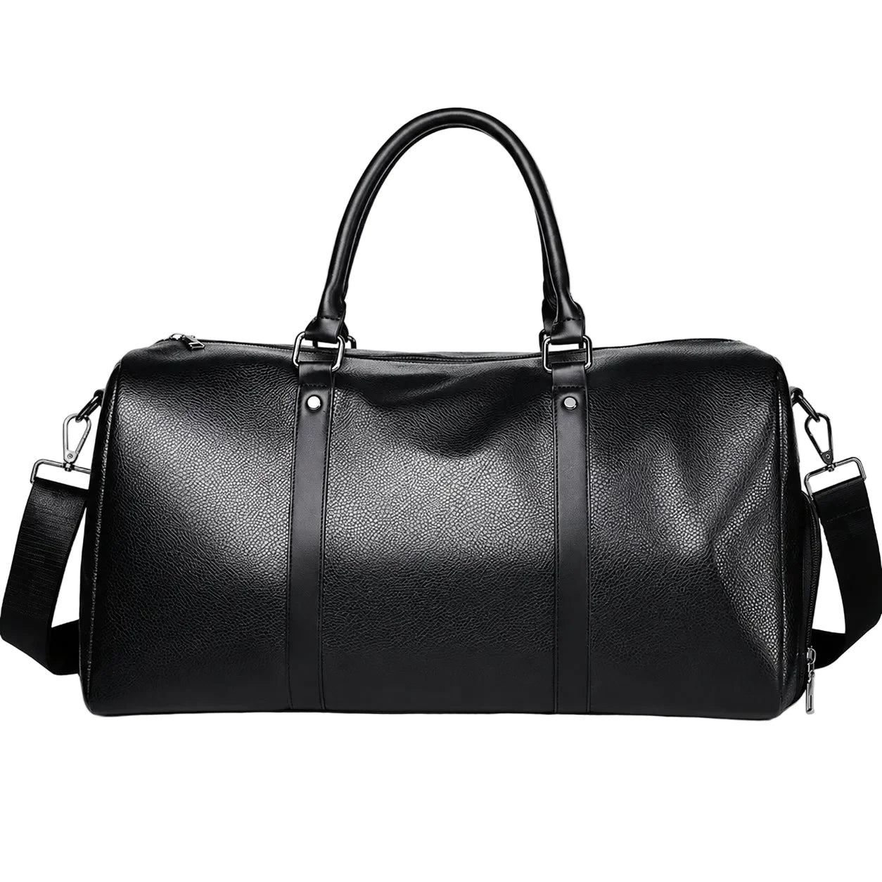 Men’s Vegan Leather Duffle Bag - Adjustable Strap Weekender - Black