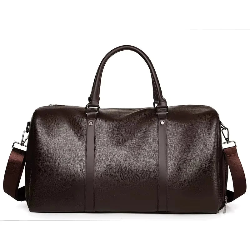 Men’s Vegan Leather Duffle Bag - Adjustable Strap Weekender - Brown