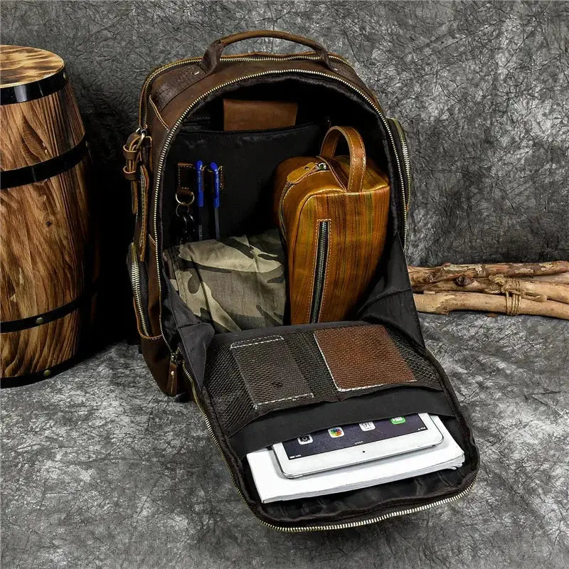 Men’s Vintage Leather Backpack – Multi Pocket Everyday Bag