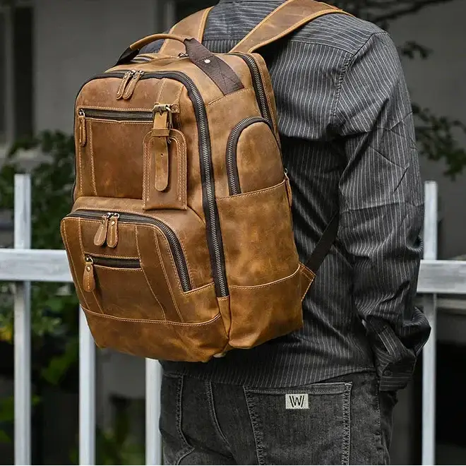 Men’s Vintage Leather Backpack – Multi Pocket Everyday Bag