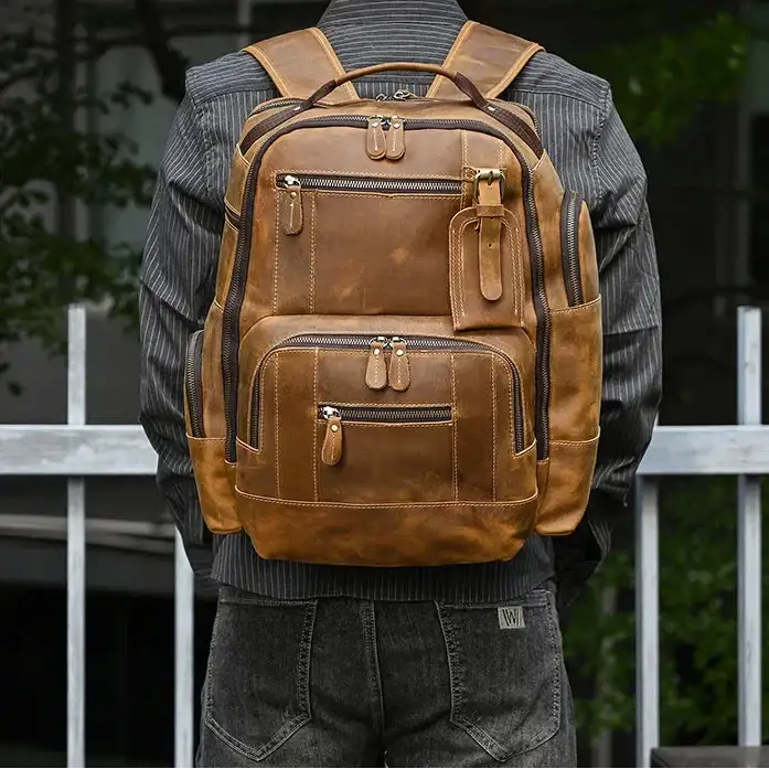 Men’s Vintage Leather Backpack – Multi Pocket Everyday Bag