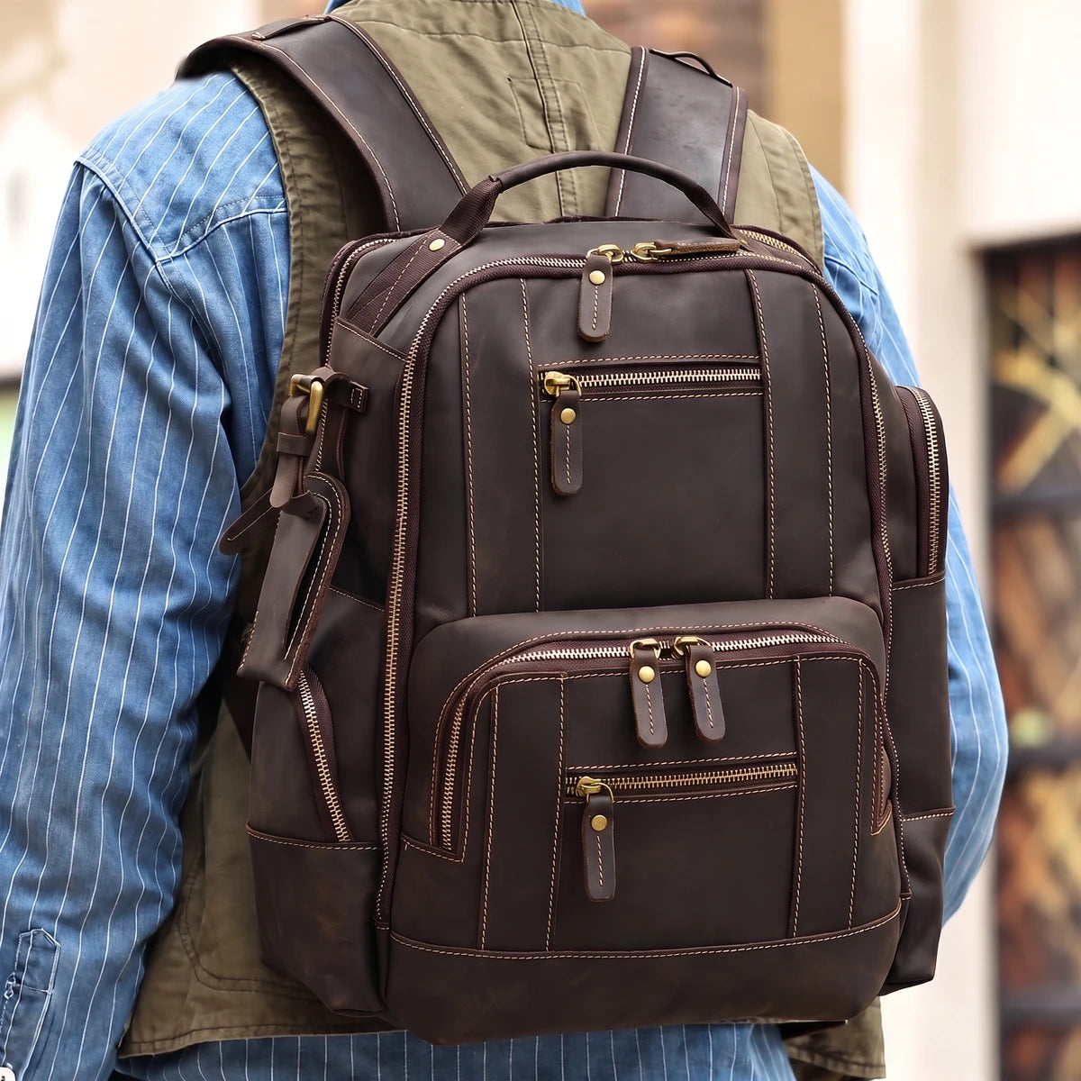 Men’s Vintage Leather Backpack – Multi Pocket Everyday Bag