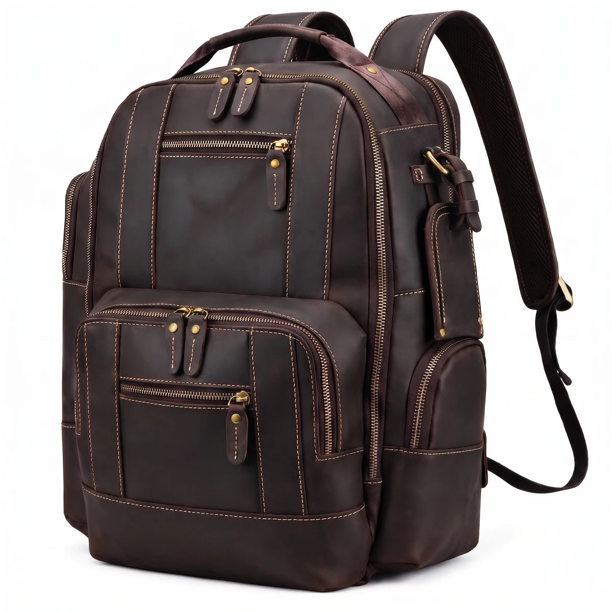 Men’s Vintage Leather Backpack – Multi Pocket Everyday Bag - Dark brown