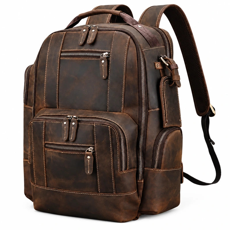 Men’s Vintage Leather Backpack – Multi Pocket Everyday Bag - Dark brown