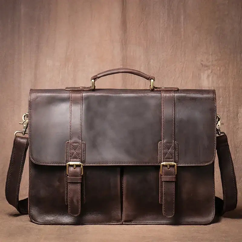 Men’s Vintage Leather Briefcase – Dual Buckle Work Satchel