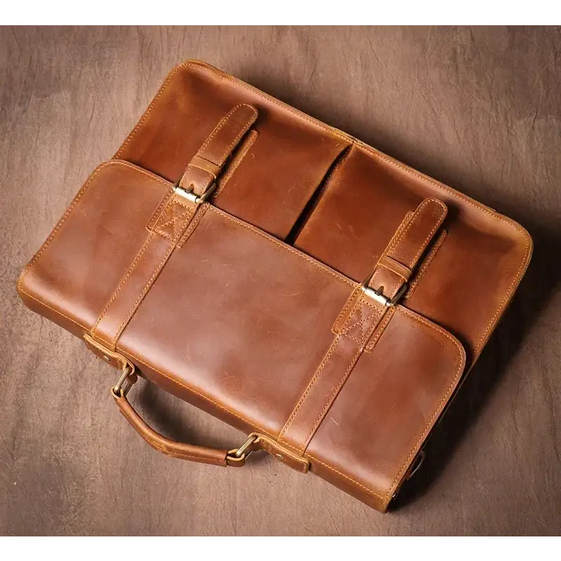Men’s Vintage Leather Briefcase – Dual Buckle Work Satchel