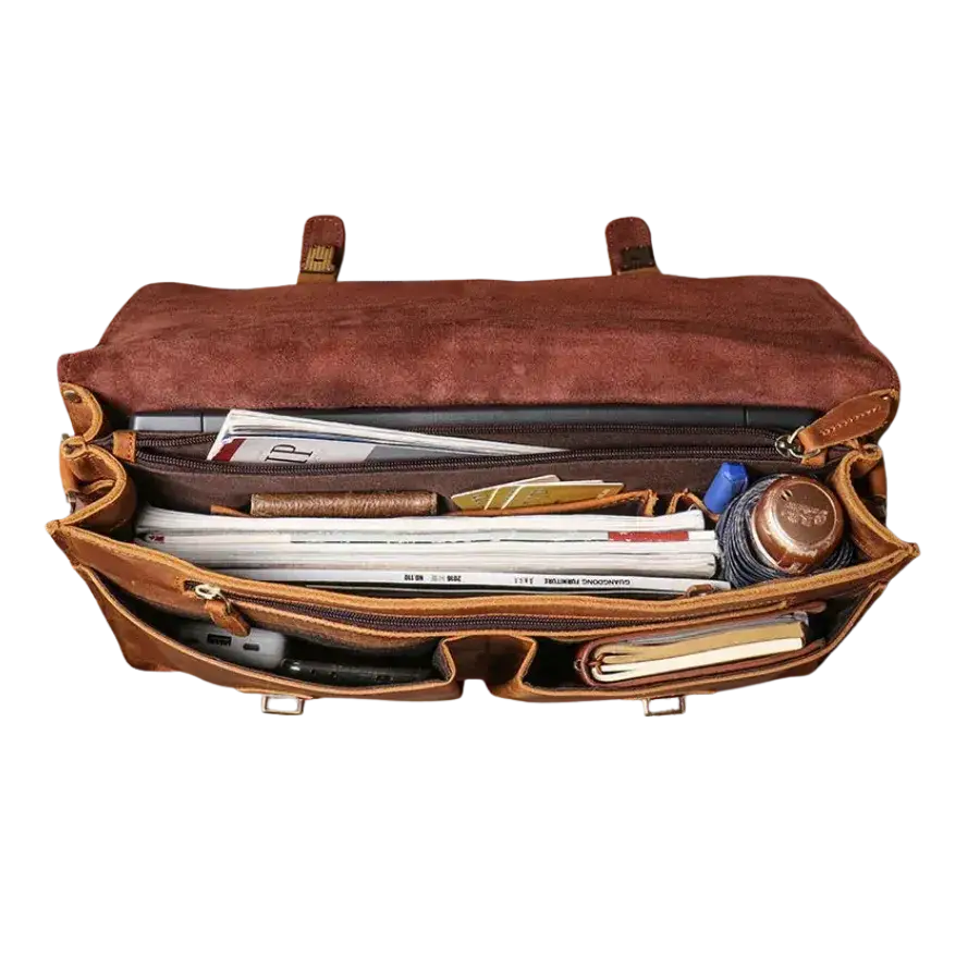 Men’s Vintage Leather Briefcase – Dual Buckle Work Satchel