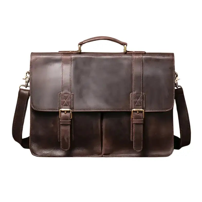 Men’s Vintage Leather Briefcase – Dual Buckle Work Satchel - Dark brown