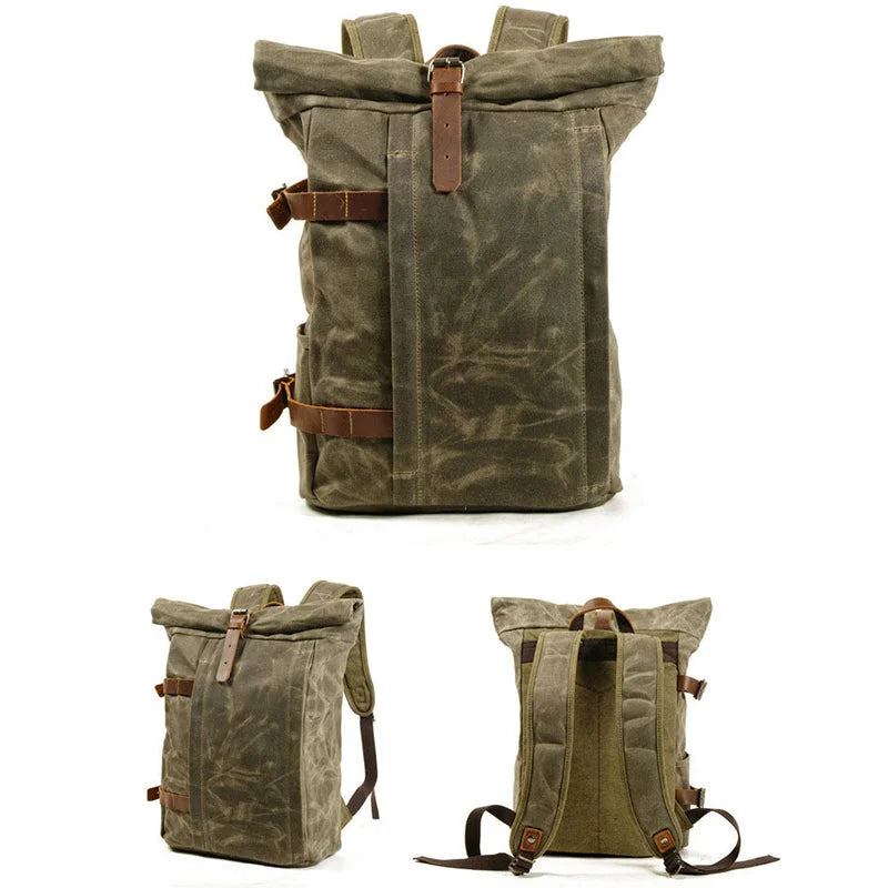 Men’s Waxed Canvas Backpack - 3-Color Roll-Top Rucksack