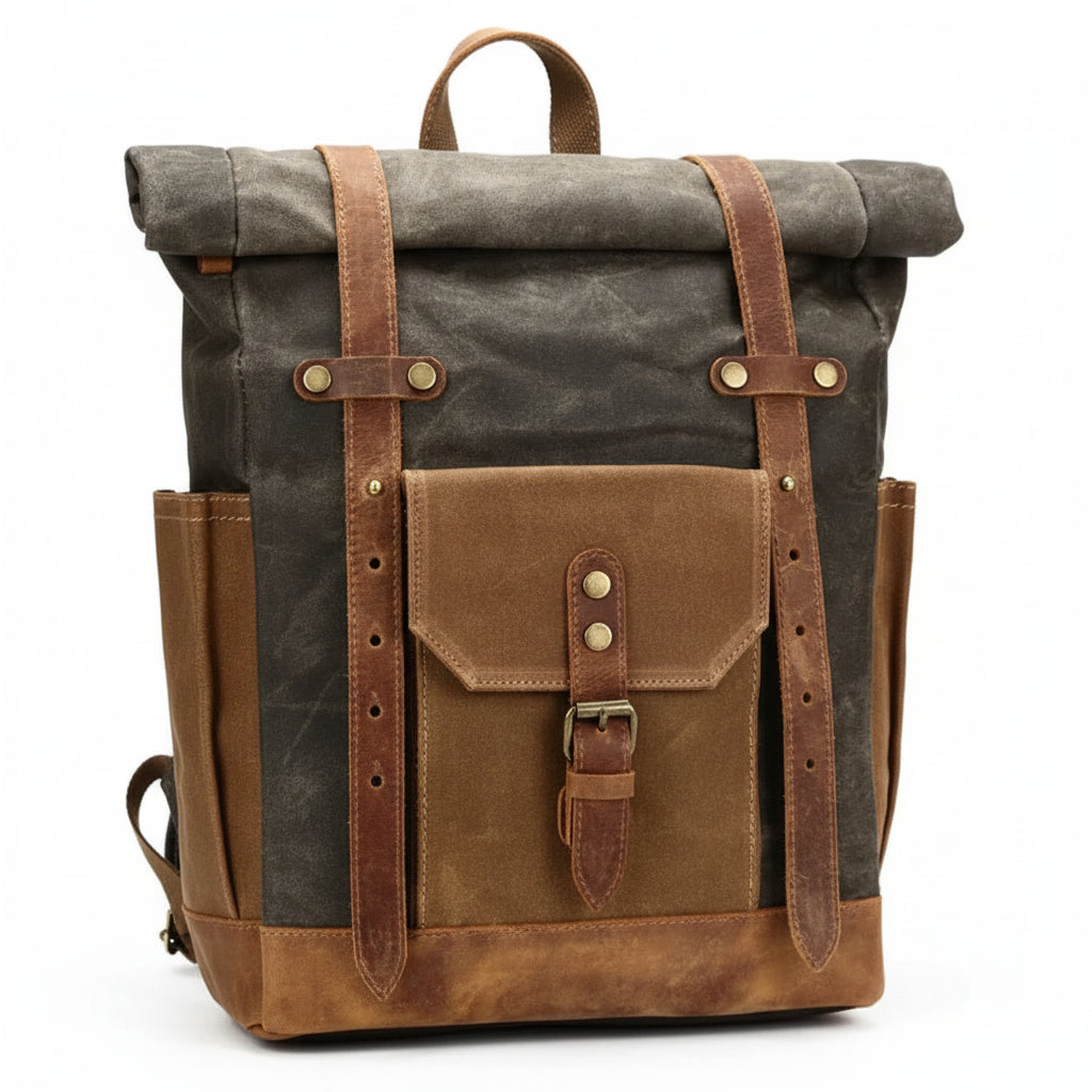 Men’s Waxed Canvas Backpack - Buckle Flap Leather Trim