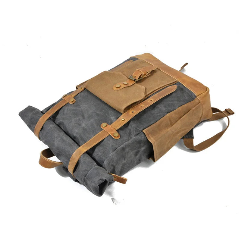Men’s Waxed Canvas Backpack - Buckle Flap Leather Trim